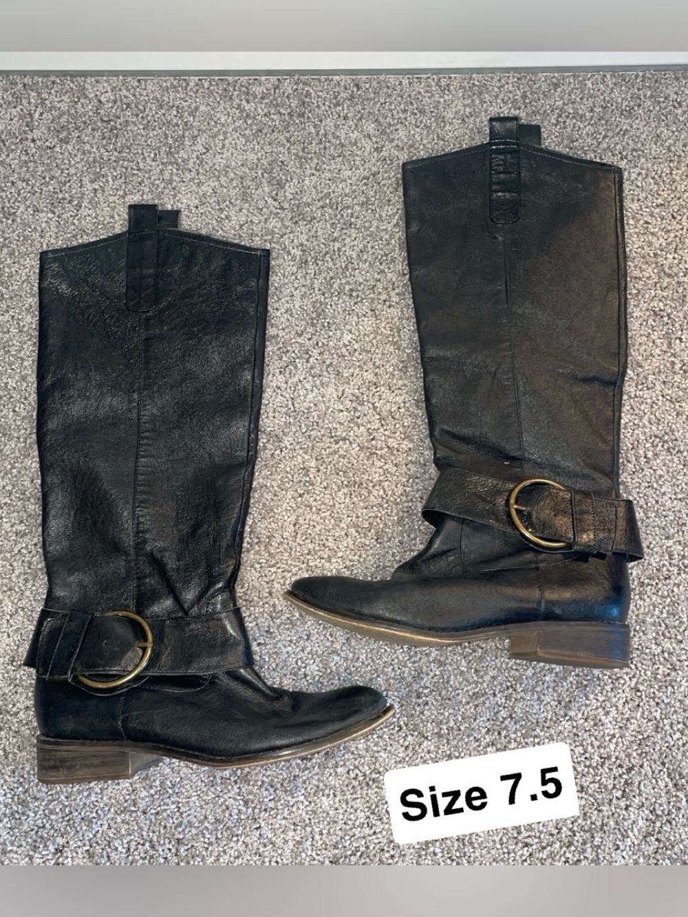 Women's Black Leather Knee-High Boots with Decorative Buckle